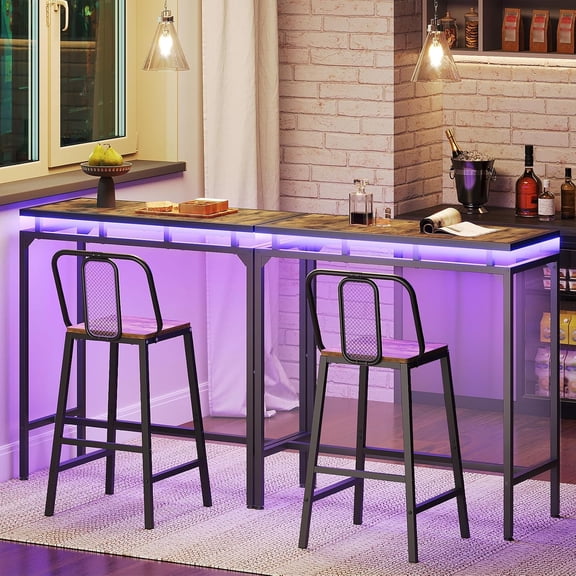 Bar Table with LED Lights, Counter Height Bar Height Table, Pub Gaming Table, Metal Frame, for Living Room, Dining Room, Pub, Rustic Brown and Black BT01DBR