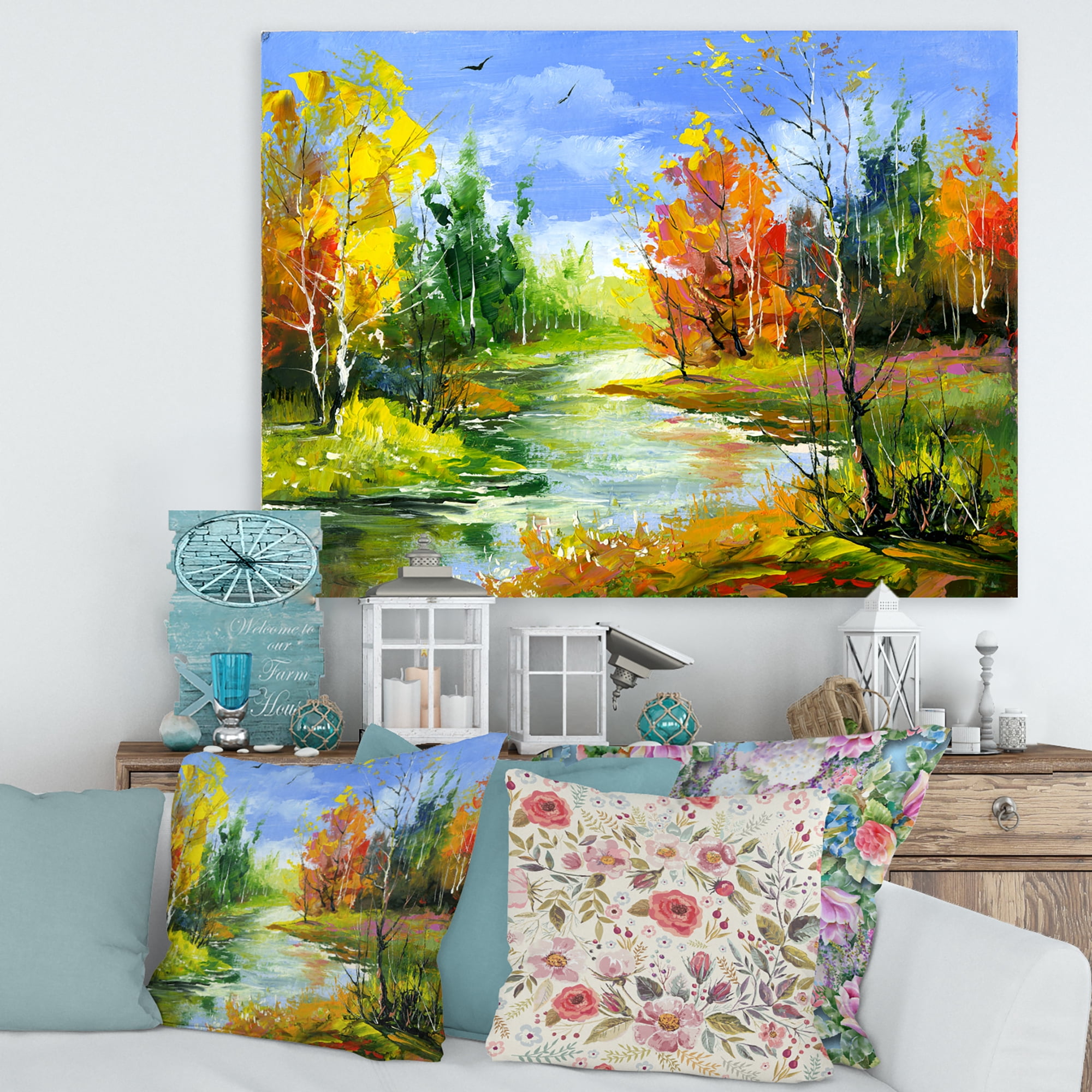 Designart ' Autumn Landscape With Forest and River ' Lake House Canvas Wall Art Print