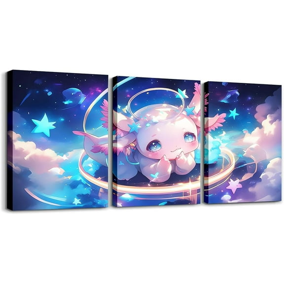 Hieng Boys Girls Cute Axolotl Canvas Wall Art for Living Room Bedroom Cartoon Salamander Picture Wall Decor Cherry Blossoms Wall Painting Posters Kids Kawaii Bathroom Wall Art Unframed