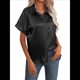 thumbnail image 1 of Blusa de Satén de Seda con Botones para Mujer, Ligera, de Trabajo, con Cuello en V, Larga y Solapa Negro S, 1 of 9