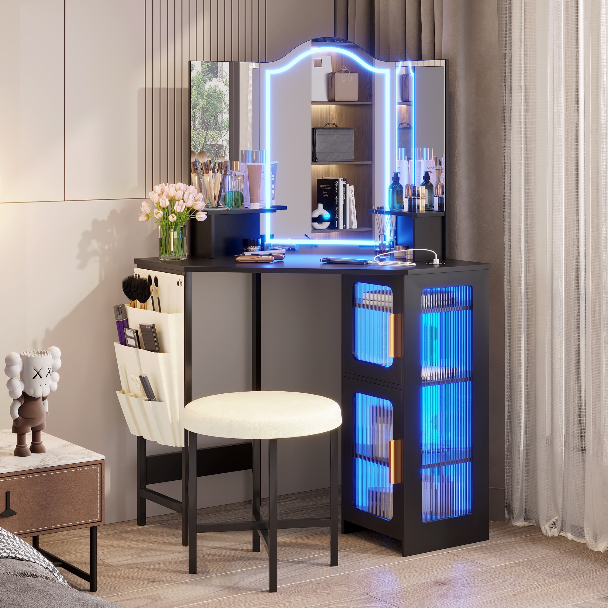 LVSOMT Makeup Vanity Desk with 3 Lighting Options, Dressing Table with Charging Station, Vanity Set with 4 Cabinets, Shelves and Stool, Corner Vanity for Women Girls, Black