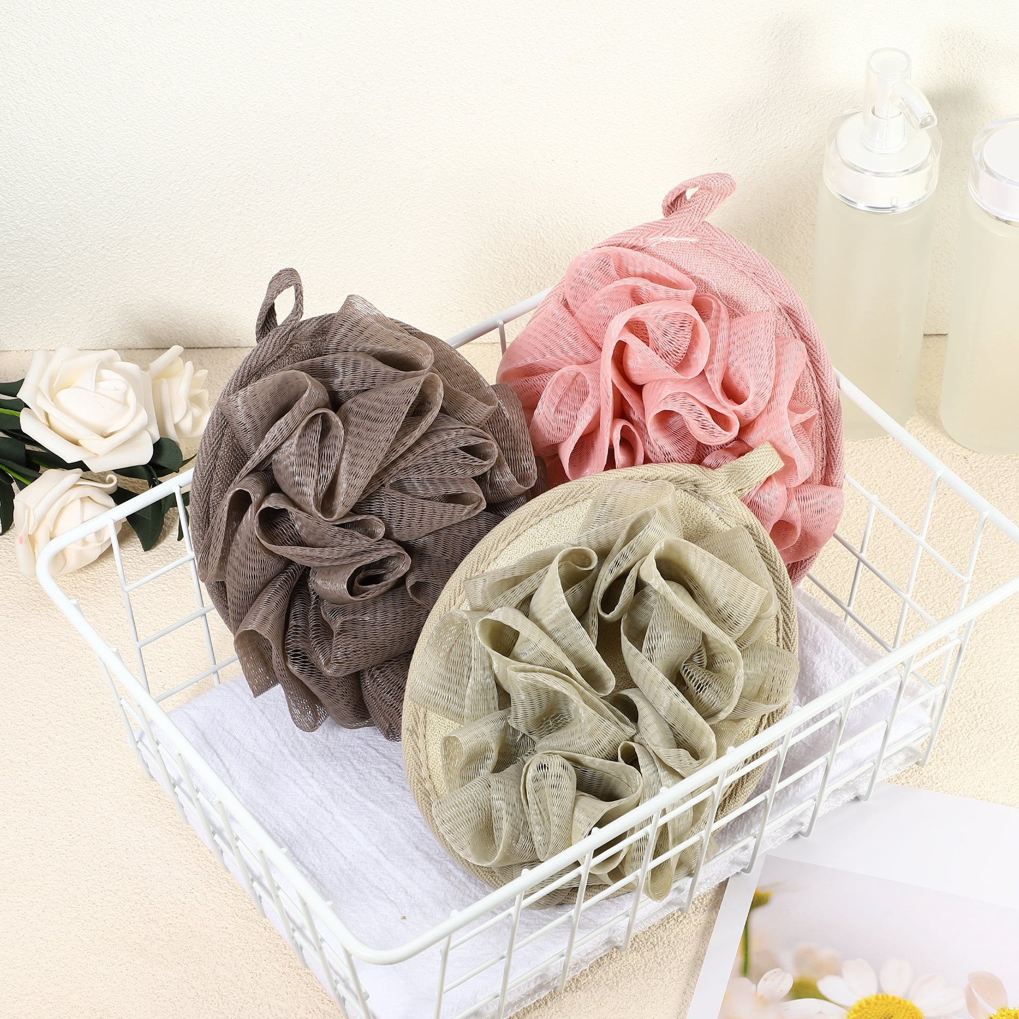Unique Bargains Bath Shower Loofah Sponge Body Puffs for Bathroom Pink