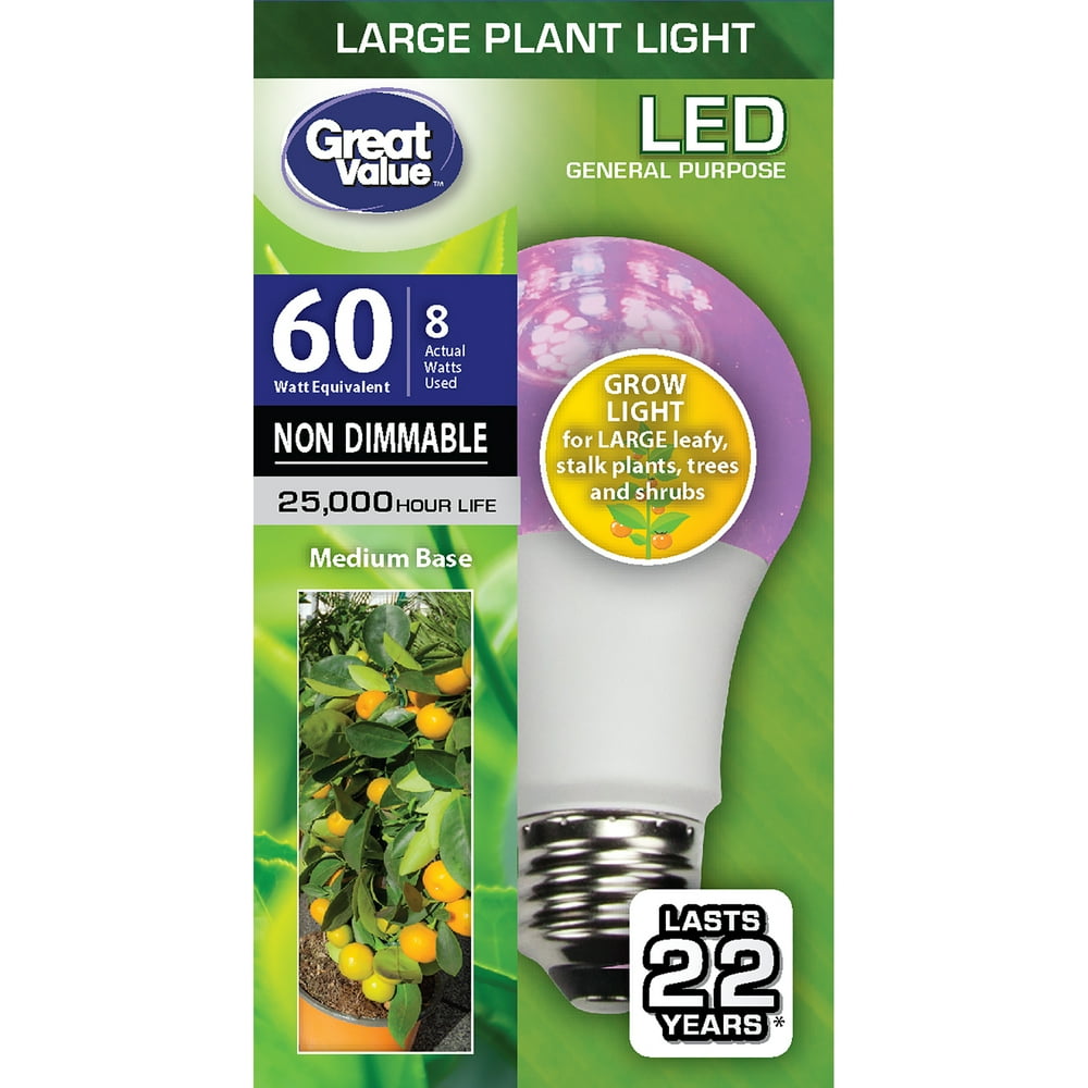 Great Value LED Light Bulb, 8 Watts (60W Equivalent) A19 Grow Light