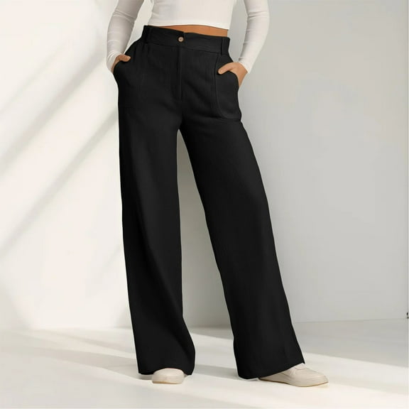Black Womens Pants Women's Solid Colored Cotton and Linen Button Down Wide Leg Long Pants with Loose Outer Pockets Casual Pants Women