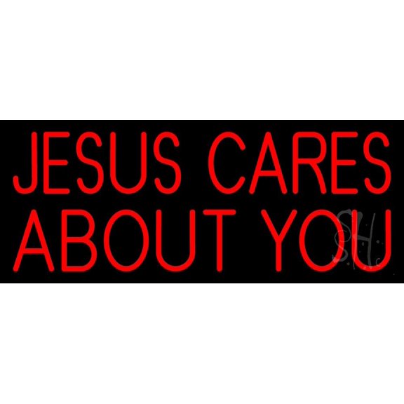 Jesus Cares About You LED Neon Sign 13" Tall x 32" Wide - inches Black Square Cut Acrylic Backing, with Dimmer - Premium built indoor Sign for Home décor, Event, Religious place, Store interior.