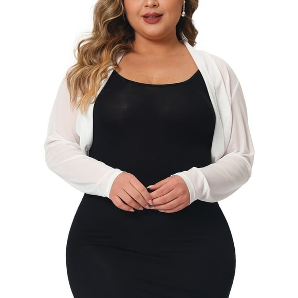 Agnes Orinda Women's Plus Size Long Sleeve Open Front Sheer See Through Mesh Bolero Shrug Crop Cardigans 1X White
