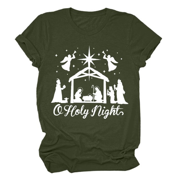 Gibobby Blusa Casual Para Mujer Camiseta de manga corta con cuello redondo y estampado de para mujer O Holy Night(Verdinegro, S)