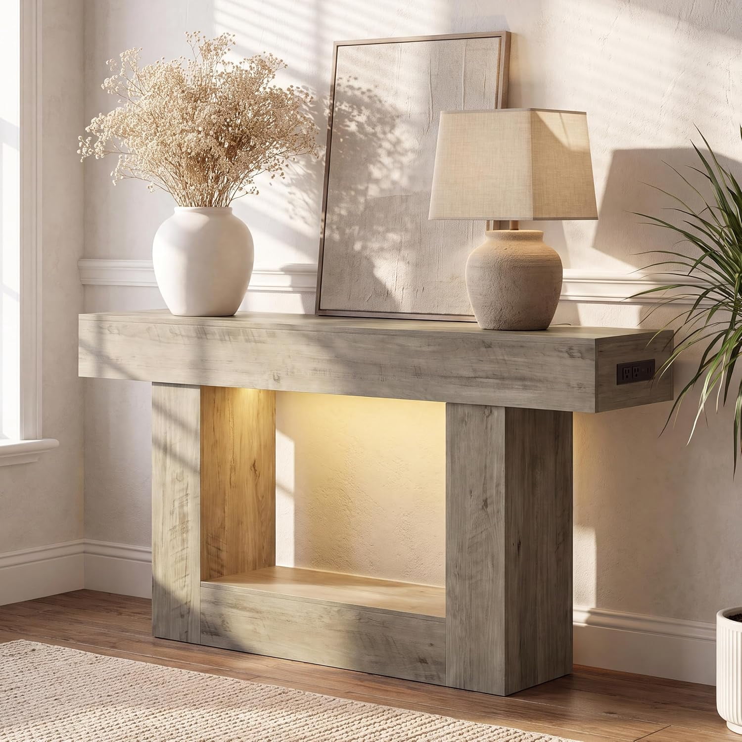 55” Entryway Table with Charging Station & LED Light, Narrow Sofa Table for Hallway Living Room, Modern Farmhouse Console Table with Storage Shelf, Gray