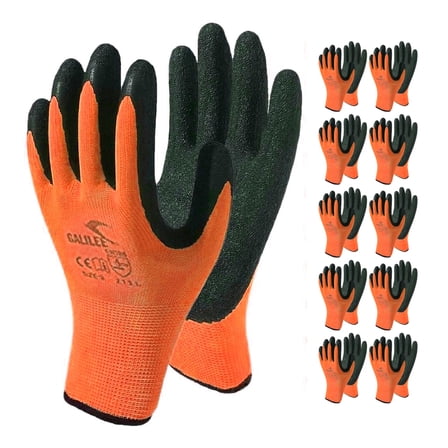 Safety Work Gloves with Latex Rubber Coating, Non-Slip Grip, Breathable and Washable, Pack of 10 Pairs (Orange, Medium)