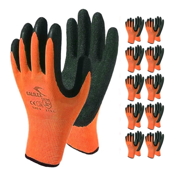 Safety Work Gloves with Latex Rubber Coating, Non-Slip Grip, Breathable and Washable, Pack of 10 Pairs (Orange, Small)