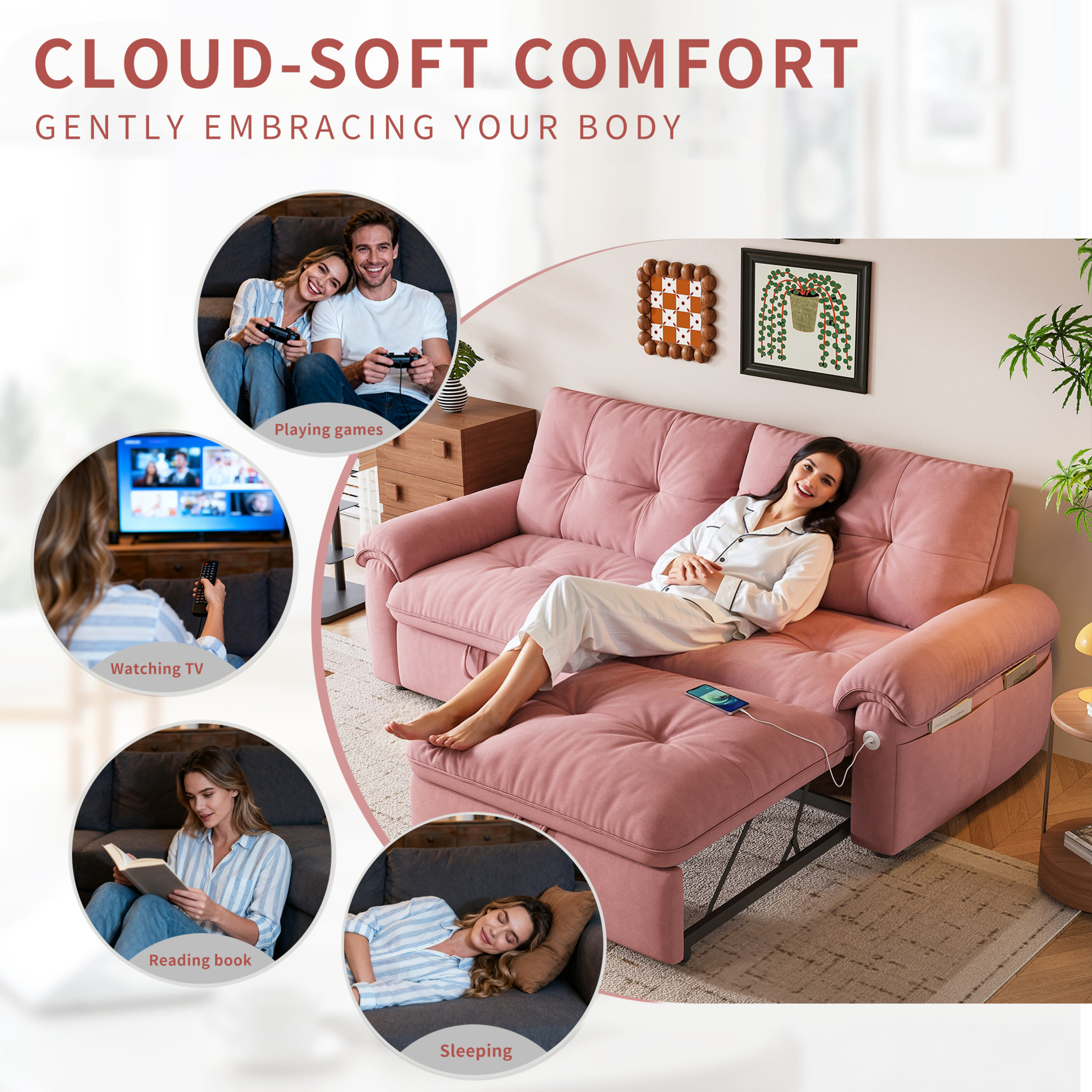 Noble House 77" Modern Velvet Convertible Sofa Bed, Pull Out Loveseat with Adjustable Backrest & USB Ports, Pink