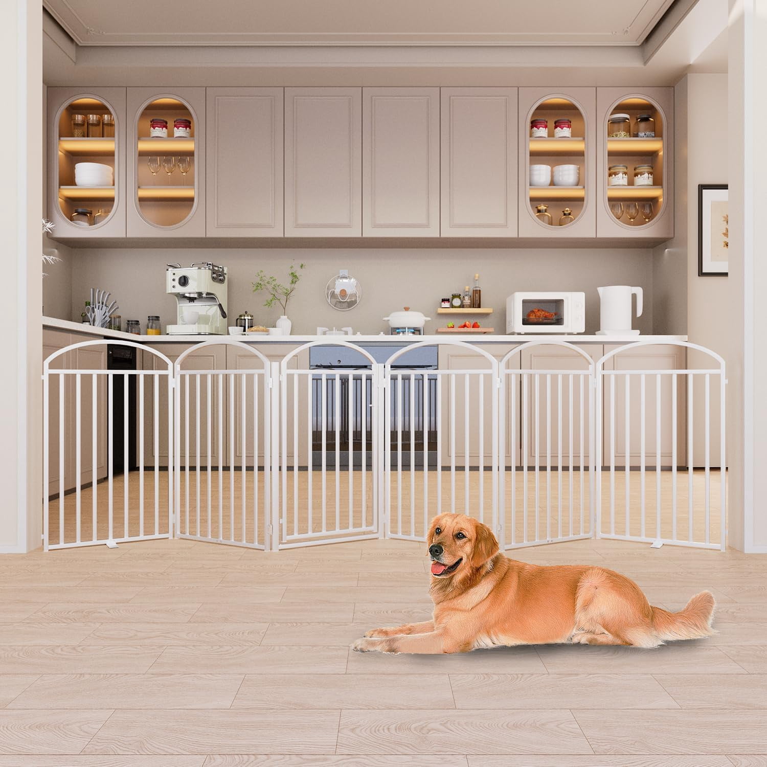 4 Panels Full Matel Freestanding Dog Gates with Door, 96"Extra Wide 32"Tall Free Standing Dog Pet Gate for Indoor & Outdoor. Foldable Pet Fences for Doorways, House, Stairs, Porch, Deck, Yard