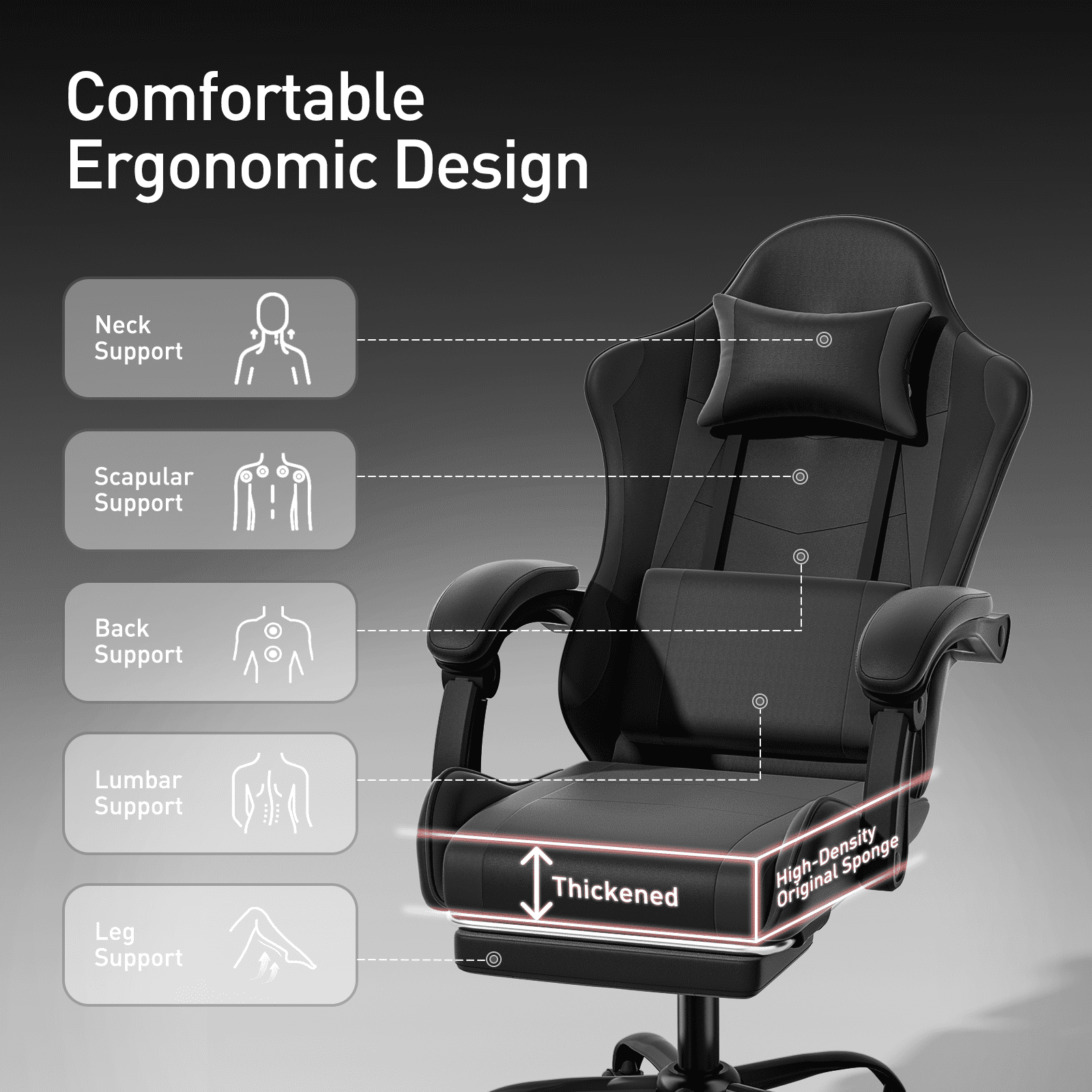 MoNiBloom Ergonomic Gaming Chair with Footrest, Adjustable Headrest and Lumbar Support for Office and Gaming, High-Back Racing Style Computer Desk Chair, Black (Wide Seat)