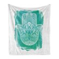 thumbnail image 1 of Hamsa Soft Flannel Fleece Throw Blanket, Grungy Display with Ethnic Motif Flourishing Lotus Culture Print, Cozy Plush for Indoor and Outdoor Use, 60" x 80", Turquoise and White, by Ambesonne, 1 of 6