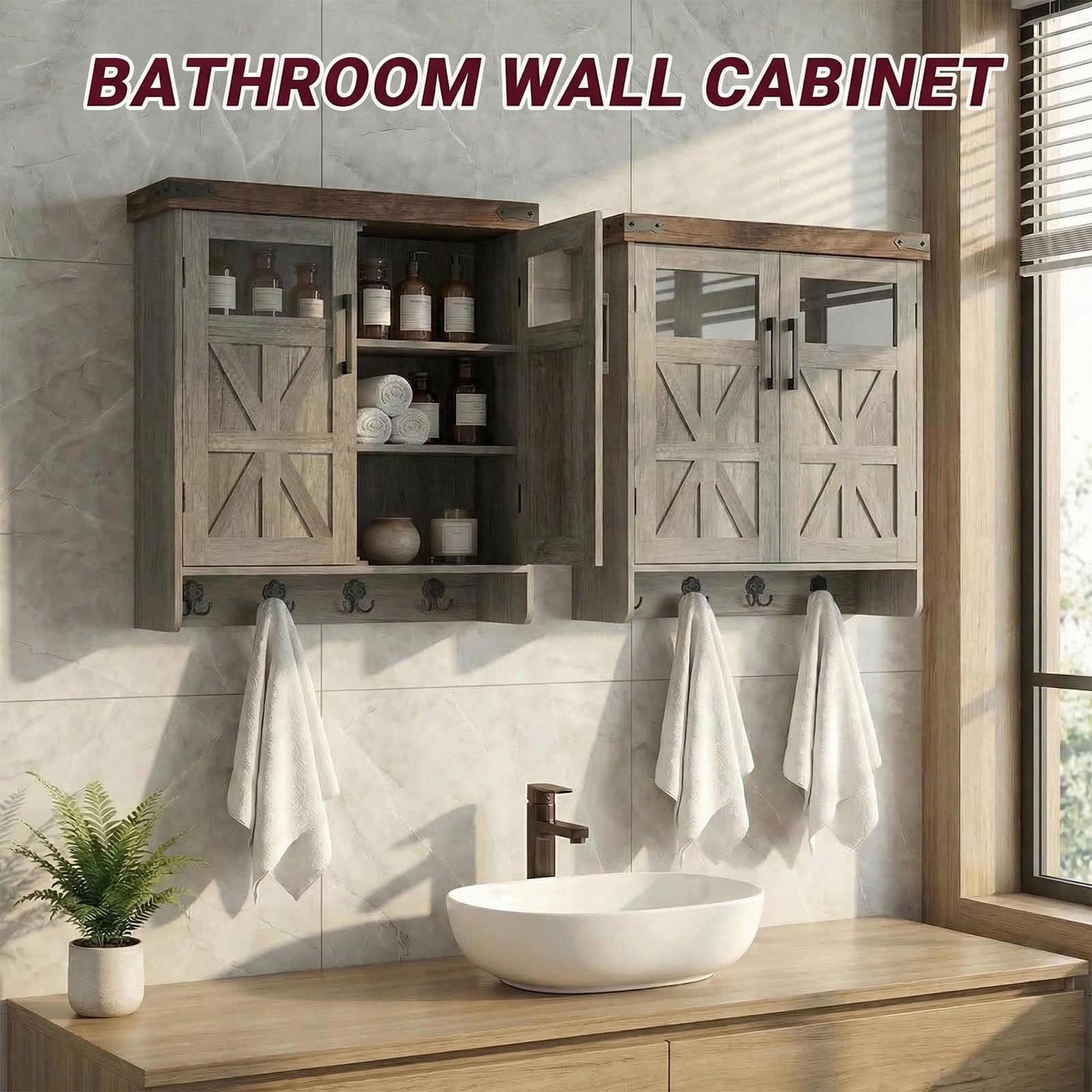 MAYEERTY 24" Bathroom Wall Cabinet, Farmhouse Over Toilet Storage Cabinet with Adjustable Shelves and Hooks, for Small Bathroom, Kitchen, Laundry
