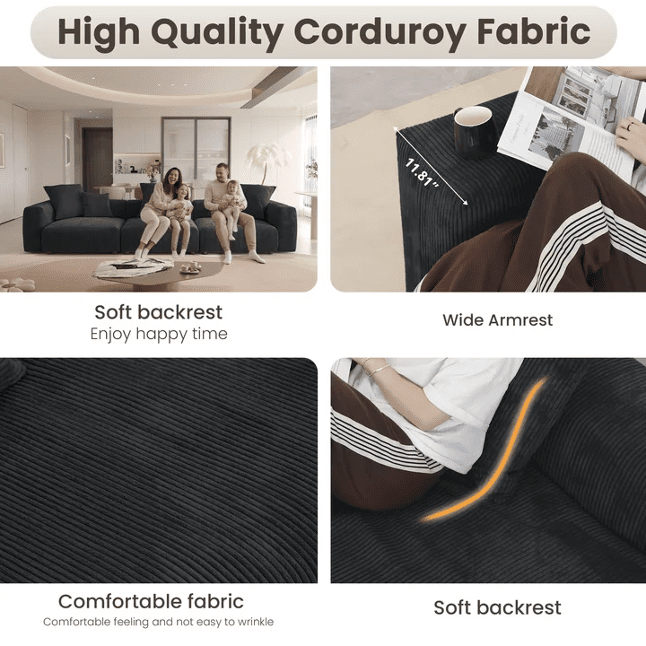 Magic Home Convertible Sectional Sofa Modular Couch,Modern Corduroy Sofa with Pillows for Living Room,Apartment and Small Space,3-Seat Sofa,Black