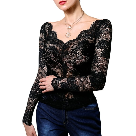 Doublju Women's Long Sleeve V-Neck Scallop Lace Casual Top