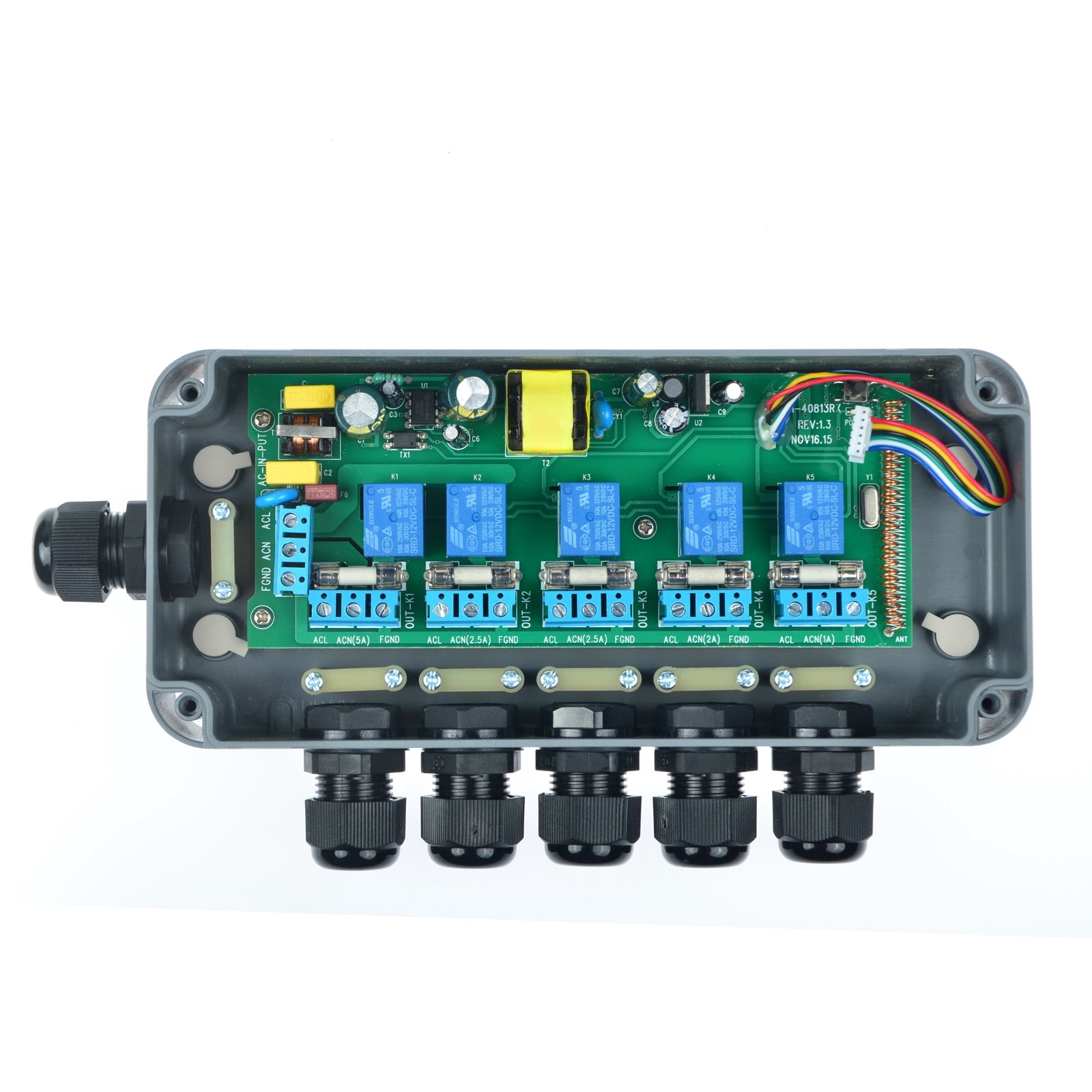 GREENCYCLE 1 Set 15A 5-Gang Junction Box Weatherproof Outdoor Switched with 5 x Push Switches w/indicators and 6 x 20mm Cable Gland and Remote Power Switch IP66 Rated (1PK Box, 1PK Remote Control)