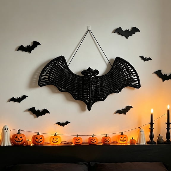 Clearance Halloween Hanging Bats Decoration Handcrafted Woven Rattan Black Bat Wall Hanging, Creepy Gothic Halloween Decoration Rustic Farmhouse Wall Art Decor for Door Mantel & Party -1 Pcs