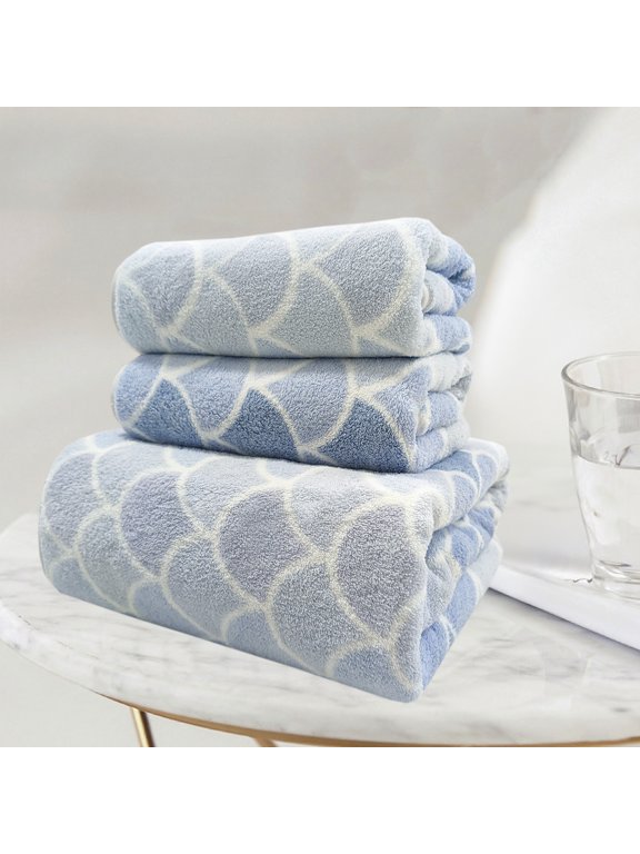 Blue Fish Scale Pattern Bath Towel Set, 3 Pieces, Coral Velvet Material Skin Soft Fluffy Absorbent,Towels for Women's Day Mother's Day Valentine's Day Gifts(1 Bath Towel,2 Hand Towels)