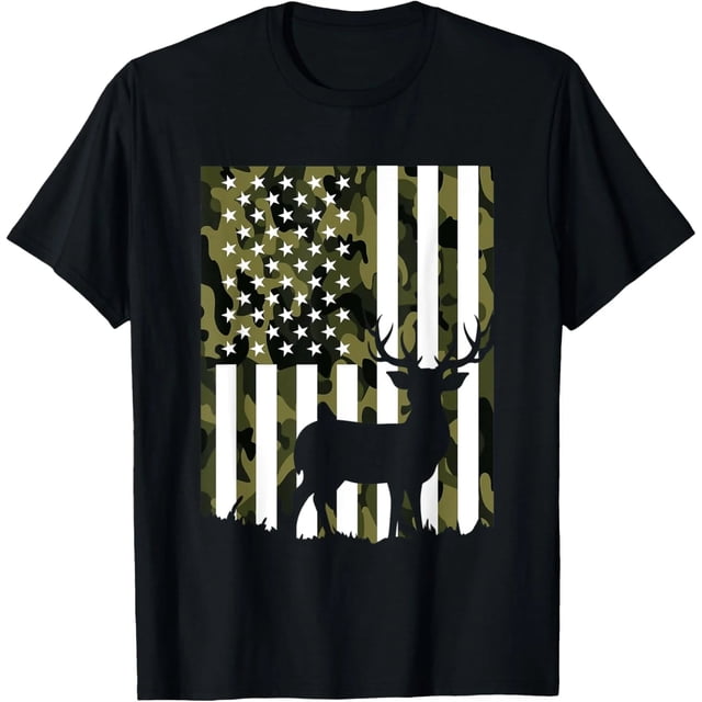 Playera de Cacería para Mujer - Estampado de Camuflaje, Bandera USA, Diseño Divertido de Venado y Alce, Cuello Redondo y Manga Corta