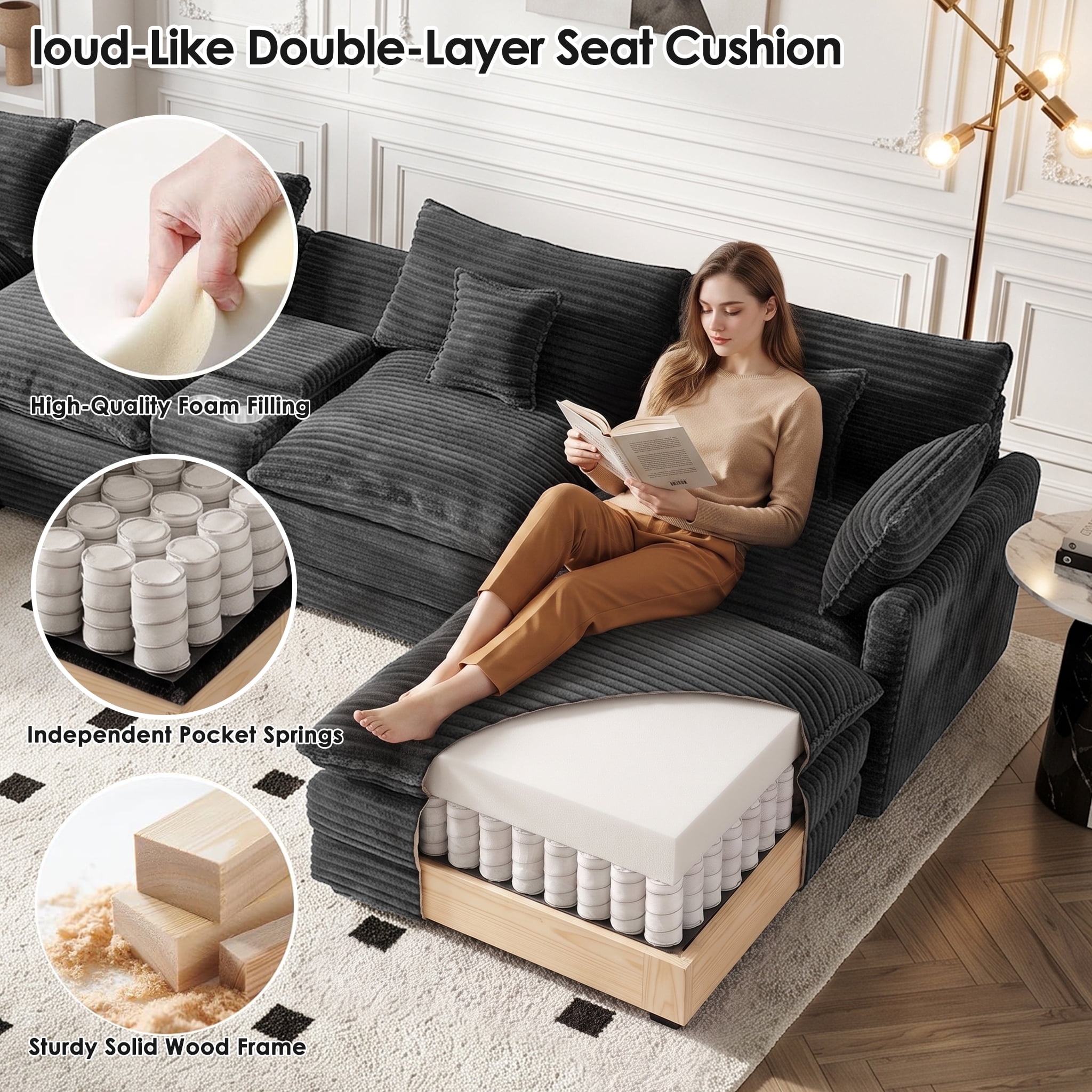 Wakefit 141" U Shaped Sectional Couch, Oversized Modular Sectional Sofa, 5 Seater Corduroy Cloud Couch with Hidden Storage, USB Ports & Cup Holders for Living Room, Dark Gray