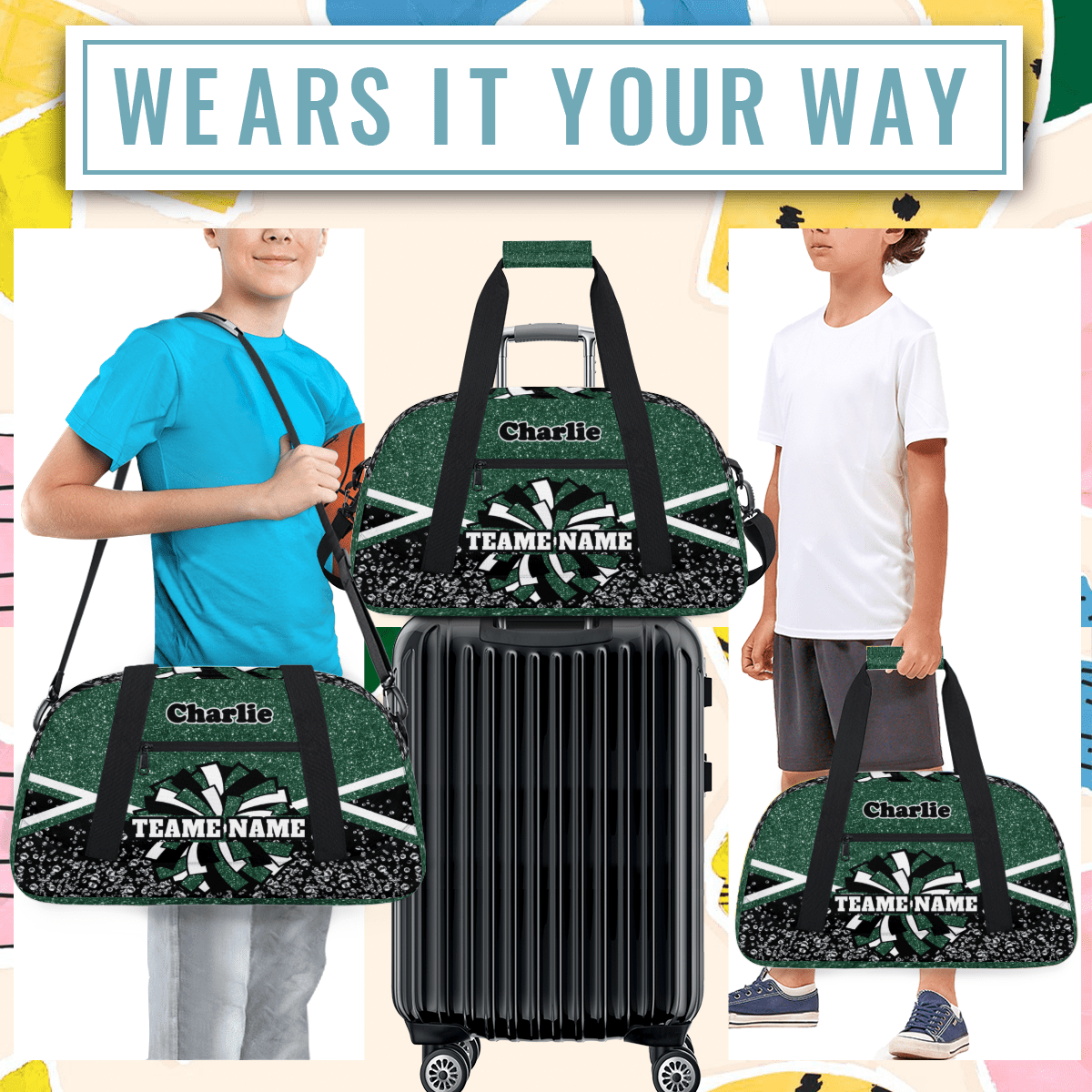 Personalized Cheerleader Bag Dance Bag, Custom Team Bag Gym Bag Sport Duffel Bag, Weekender Bags Travel Bag for Cheer Team Dark Green Glitter
