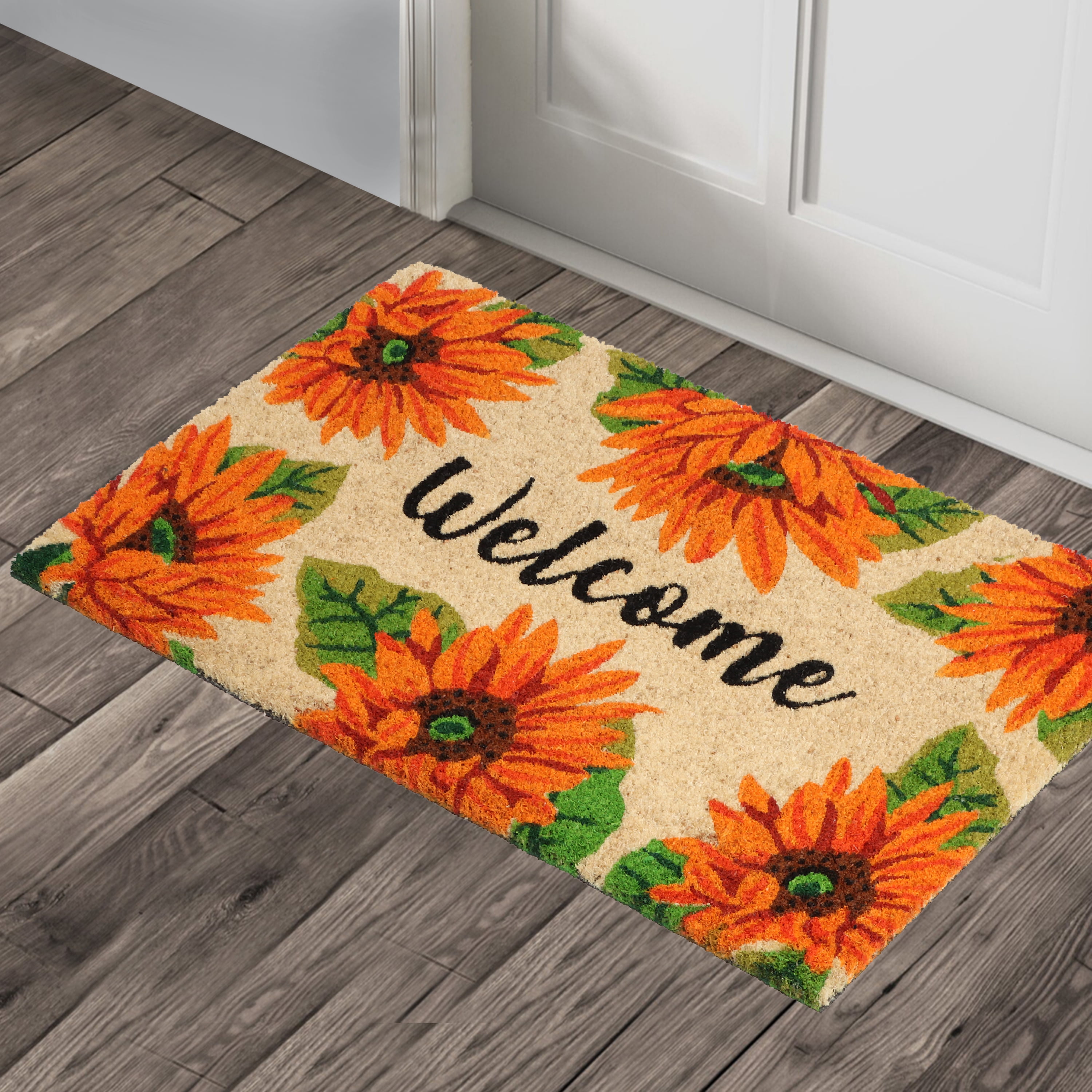 A1HC Natural Coco Coir Doormat, Orange Sunflower, 18"x30", Durable Outdoor Welcome Mat, Non-Slip, Easy to Clean, Pet Friendly