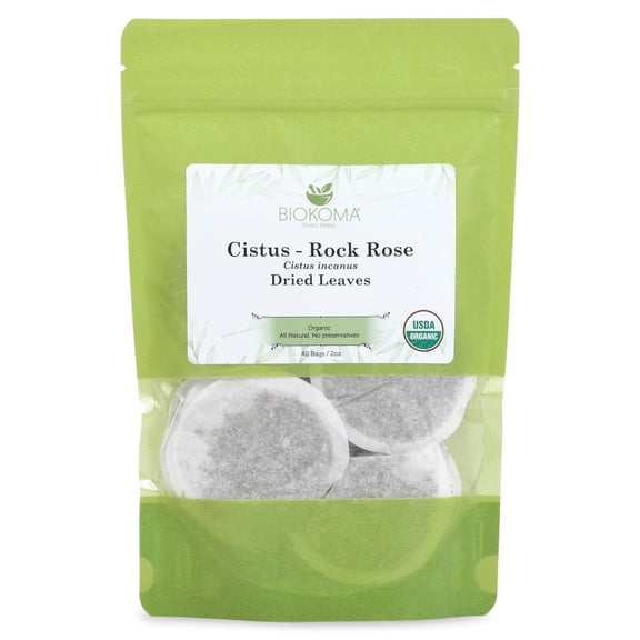 Biokoma Pure and Organic Cistus - Rock Rose (Cistus incanus) Dried Leaves Tea 40 Bags In Resealable Moisture Proof Pouch USDA Certified Organic Herbal Tea No AdditivesNo Preservatives No GMO Kosher