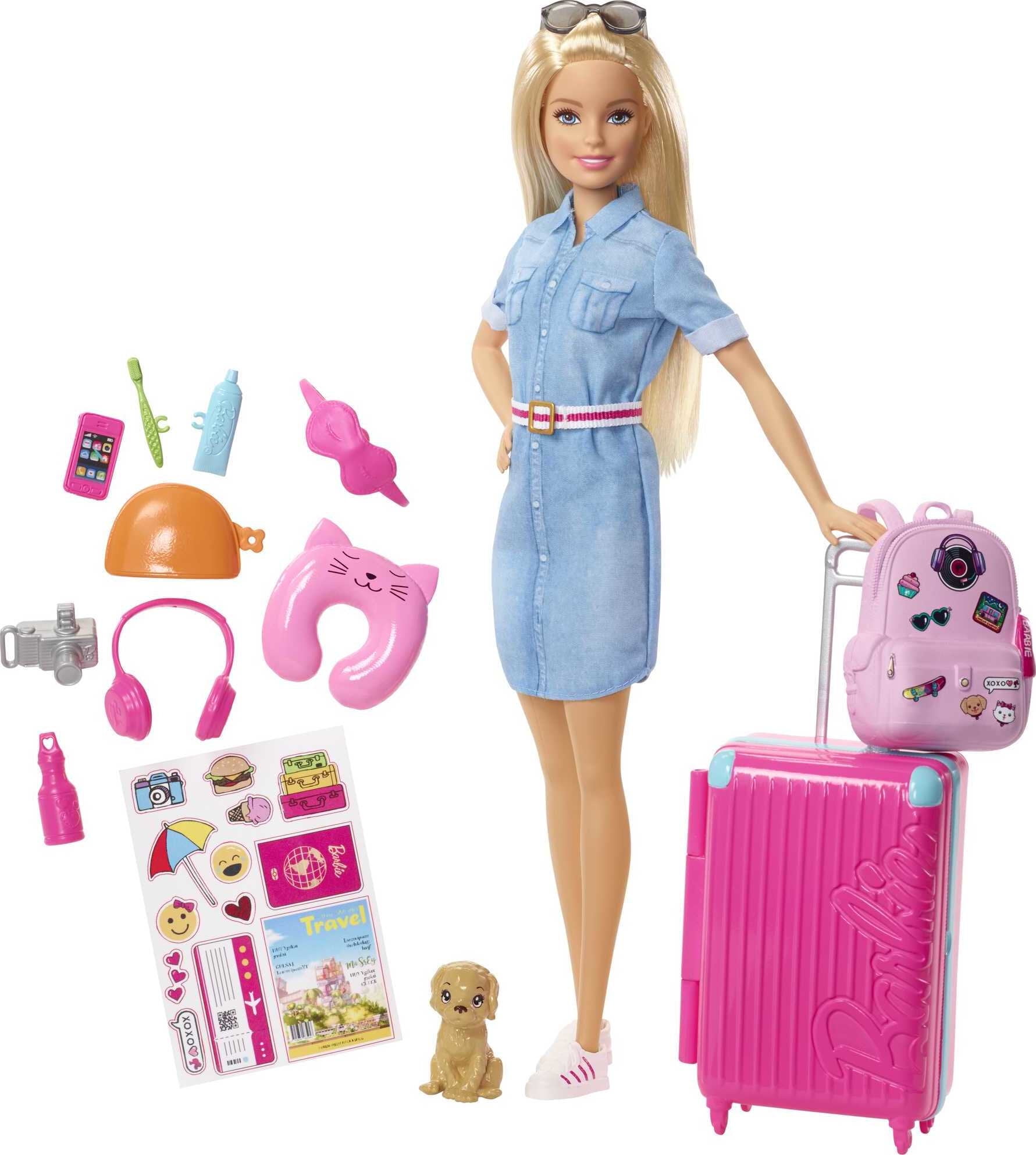 ​Barbie Travel Doll, Blonde, with Puppy, Opening Suitcase, Stickers And 10+ Accessories, for 3 to 7 Year Olds​​​
