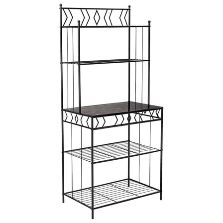 - 5-Tier Standing Kitchen Bakers Rack for with Storage Microwave Stand, Metal Frame with Marble Finish - Black