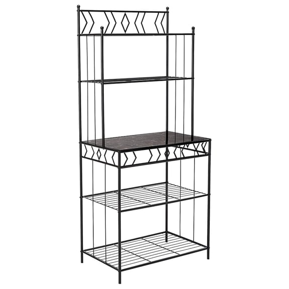 - 5-Tier Standing Kitchen Bakers Rack for with Storage Microwave Stand, Metal Frame with Marble Finish - Black
