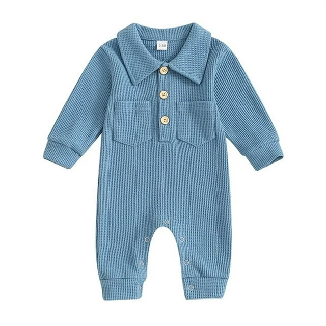 tarylea Newborn Boys Girls Romper Long Sleeve Turn down Collar Button Bodysuit with Pockets Solid Color Comfy Fall Infant Jumpsuit