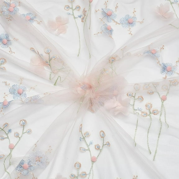 1Yard 63inch Pink 3D Embroidered Floral Fabric Embroidered Floral Pink Pompom Netting Organza Soft Lace Tulle Mesh Fabrics for Cloth DIY Crafts Dress Skirt Sewing Wedding