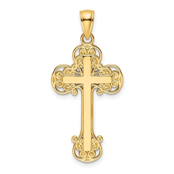 14k Yellow Gold Filigree Cross Pendant Charm, Polished Religious Jewelry