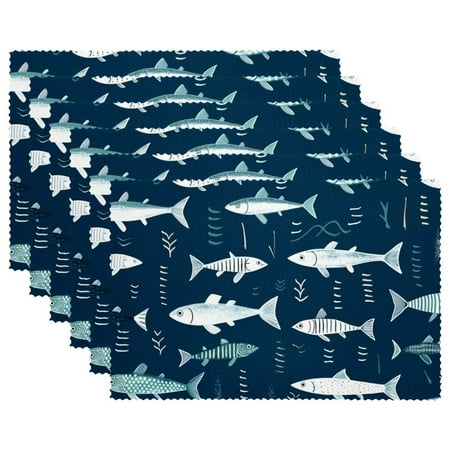 

Placemats Set of 1 Washable Place Mats for Dining Table Blue Cartoon Vintage Ocean Fish