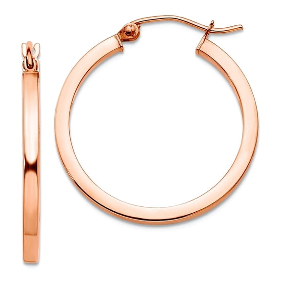 2.00mm 10k Rose Gold Lightweight Square Tube Hoop Earrings 25mm Long 2mm Thick Hoop Earring for Women