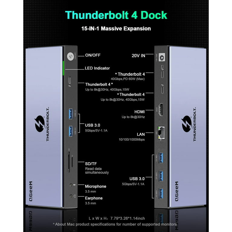 Thunderbolt 4 Docking Station, QGeeM Universal Quadruple Display  Thunderbolt 4 Dock 4K or Single 8K, 16 in 1 USB C Laptop Docking Station,  Compatible