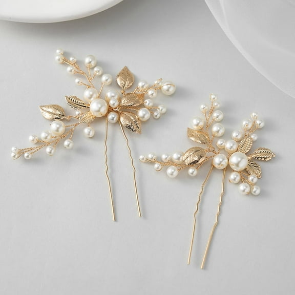 2Pcs Bridal Hair Accessories Pearl Bride Wedding Hair Pins Leaf Bridal Head Piece Rhinestones Hair Jewelry Gold Hair Accessories for Women and Girls