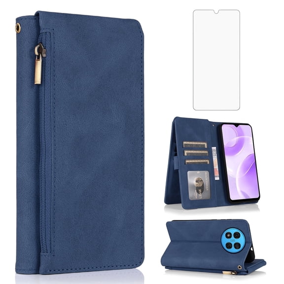Asuwish Wallet Kickstand Hard Shell Cell Phone Case with Tempered Glass Screen Protector for Ulefone Note 15, Blue