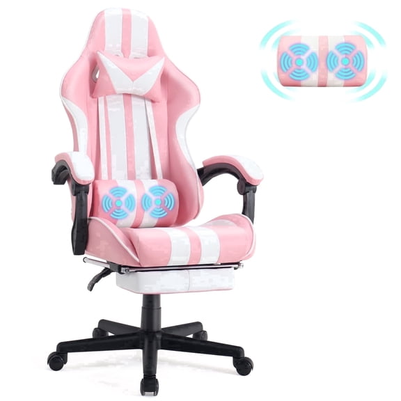 Wasait Pink Gaming Chair with Footrest High Back Ergonomic Office Gamer Chair with Massage and Headrest Lumbar Support Swivel Seat Computer Game Chair for Adults
