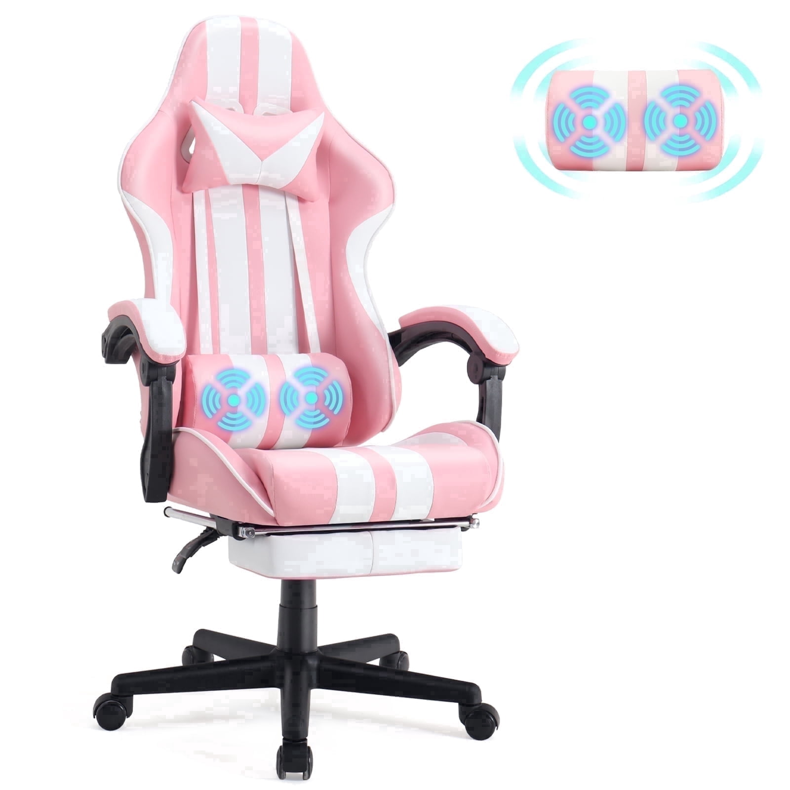 Wasait Pink Gaming Chair with Footrest High Back Ergonomic Office Gamer Chair with Massage and Headrest Lumbar Support Swivel Seat Computer Game Chair for Adults