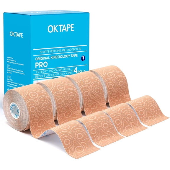 OK TAPE PRO Kinesiology Tape Uncut Roll, Elastic Physical Therapy Athletic Tape for Pain Relief, Muscle Support, Kinetic Tape, Water Resistant, 2in X 16.4ft -Beige 4 Pack