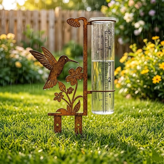 Hummingbird Art Rain Gauge Stake, Rustic Metal Frame, Clear Glass Measuring Tube, Scale‑Marked Container, Ground‑Insert Structure, For Backyard Garden Rainfall Monitoring