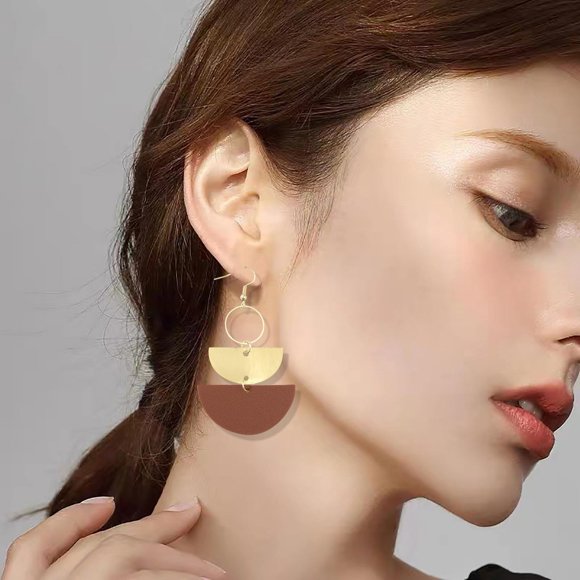 LPSSTORE Stacked Half Moon Earrings Reversible Leather Geometric Metal Round Drop Earrings Statement Earrings