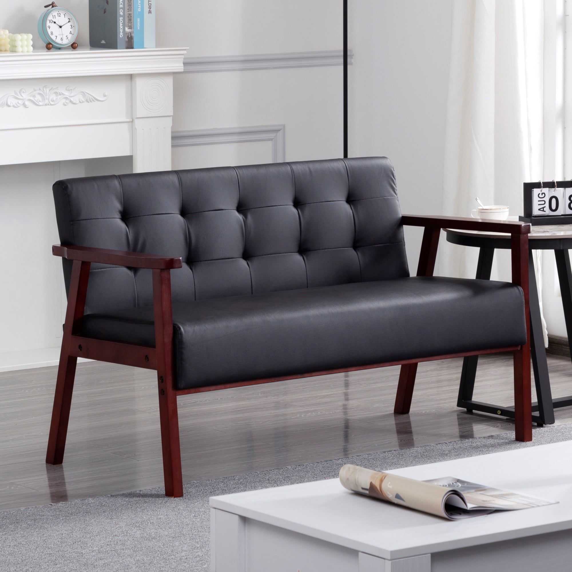 Gewnee Cedar Wood Loveseat, Black PU Upholstery, Tufted Back, 300LBS per Seat, Non-Slip Pads, for Living Room, Home Office, Den