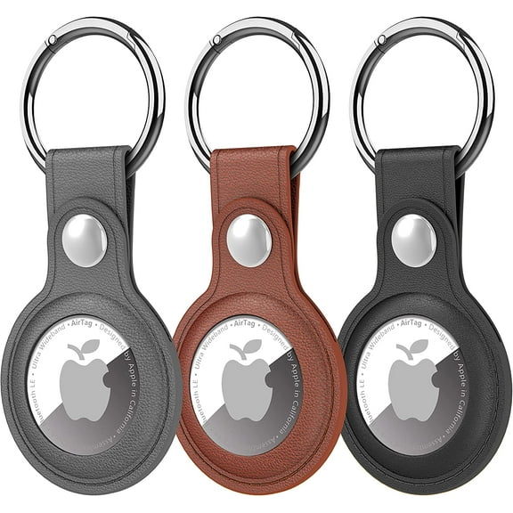 Suoman 3 Pack Leather Case Keyring, Tracker Cover for Apple AirTag, Case Cover Locator Keychain for Apple AirTag Case Key Ring, for Airtag Accessories Black Grey Brown