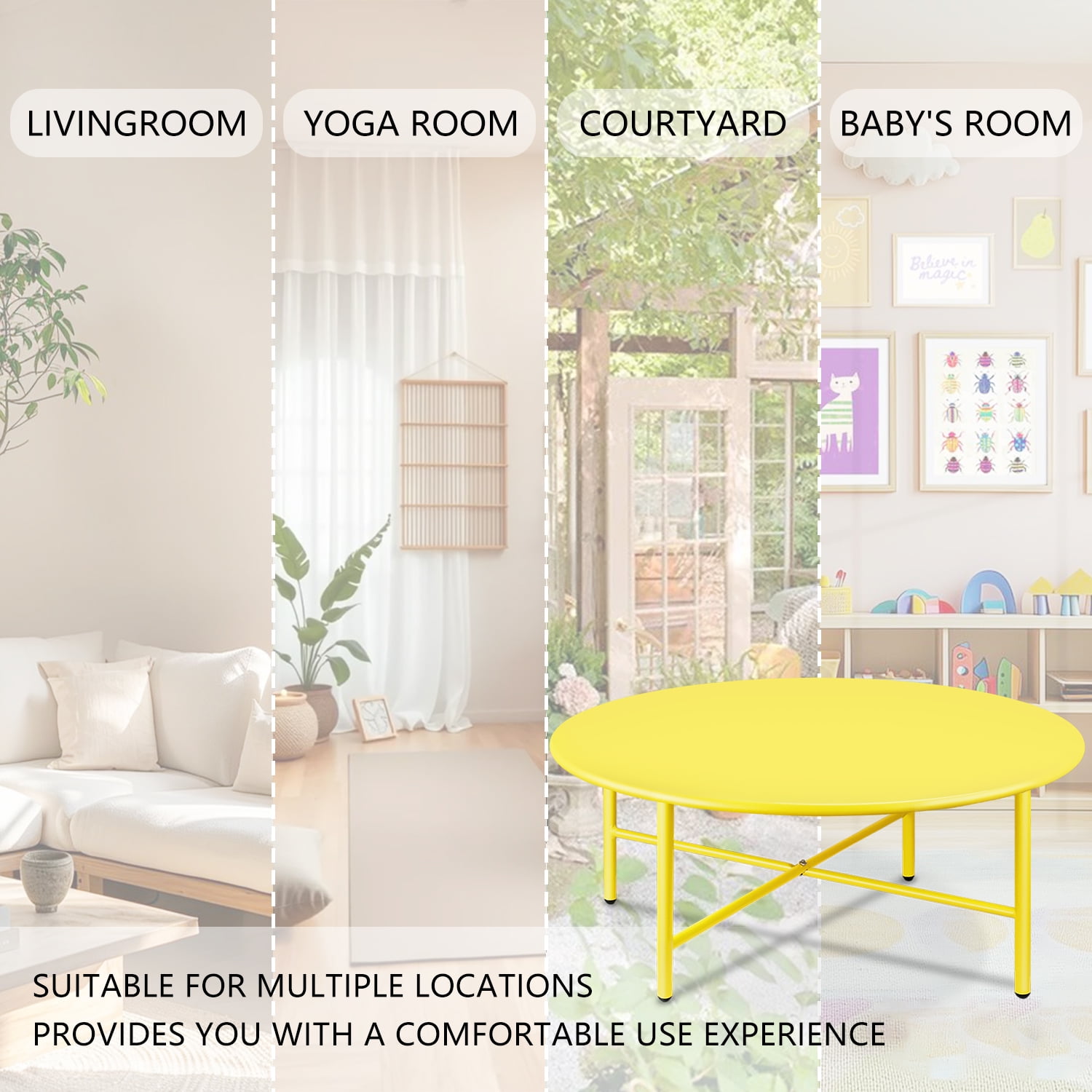 CERBIOR Patio Round Steel Coffee Table, Weather Resistant Anti-Rust and Waterproof Indoor and Outdoor Large Side Table, for Garden Living Room Bedroom Balcony（Lemon Yellow）