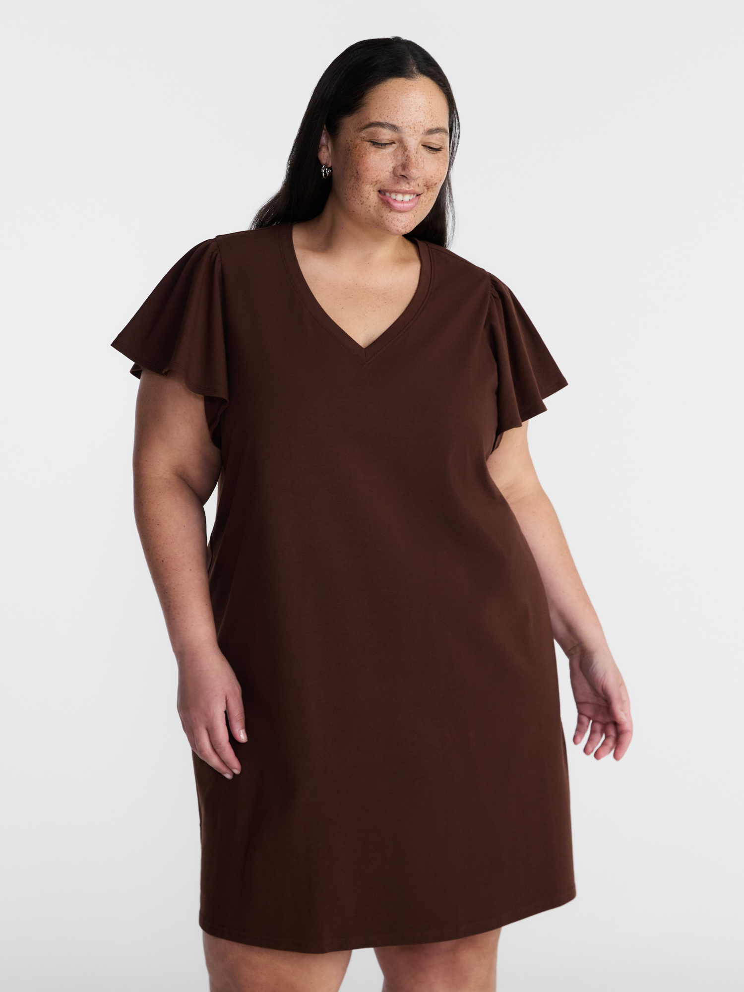 Terra & Sky Women’s Plus V Neck Mini Dress with Short Flutter Sleeves, Sizes 0X-5X