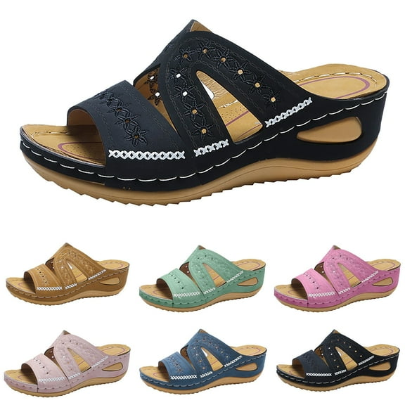Mepaouo Women's Orthopedic Sandals Arch Support Slip on Wedge Platform Walking Summer Shoes Flip Flops Black